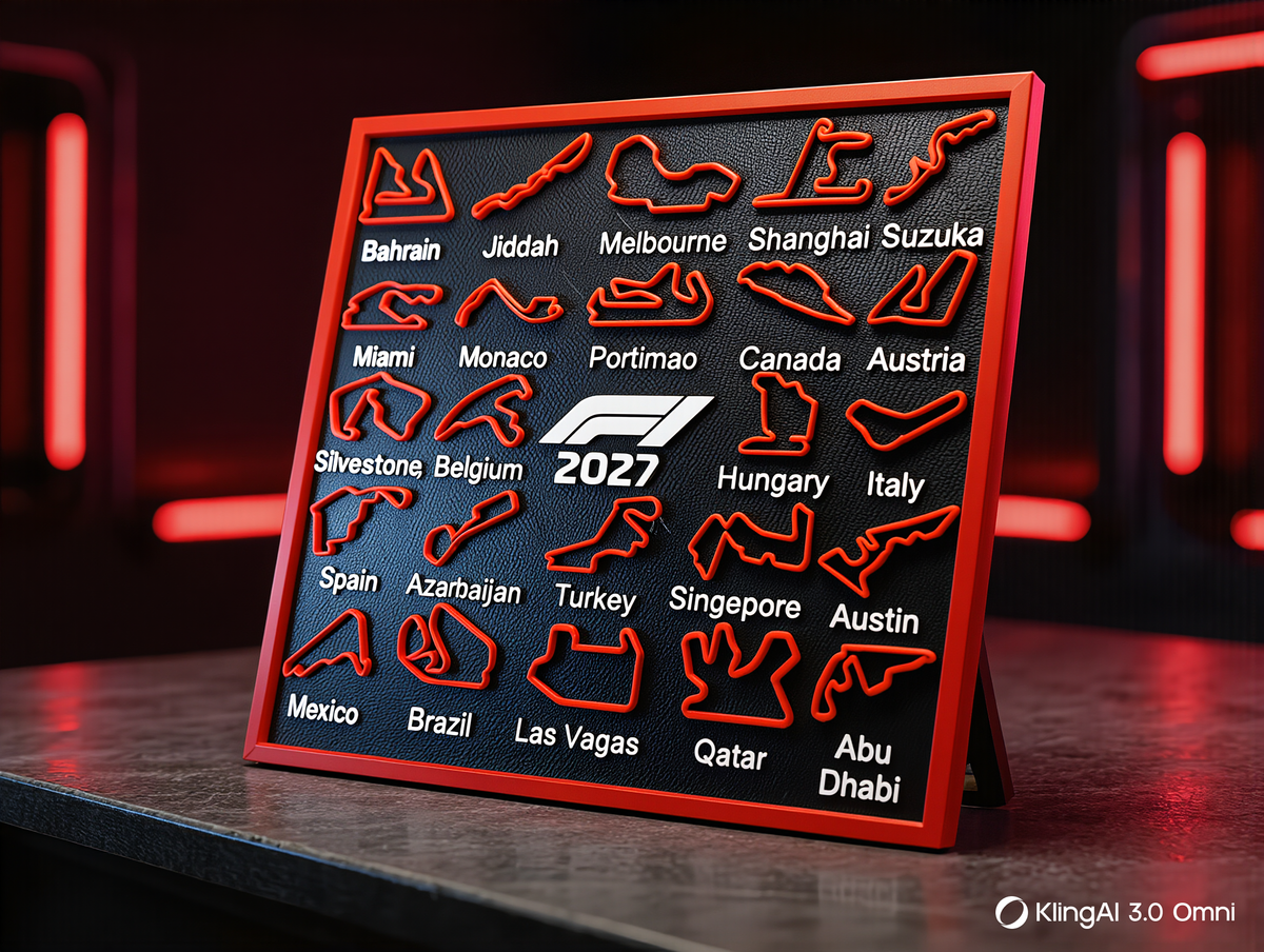 Cuadro Decorativo Circuitos Formula 1 2027 Impreso en 3D – Calendario F1 en Relieve